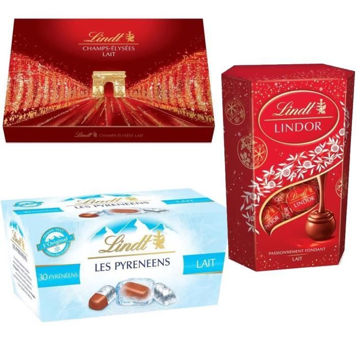 LINDT Lot de 3 boites cadeaux : Champs-Elysées Lait 482g, Lindor Cornet Lait 200g et Pyrénéens L'Original Lait 219g
