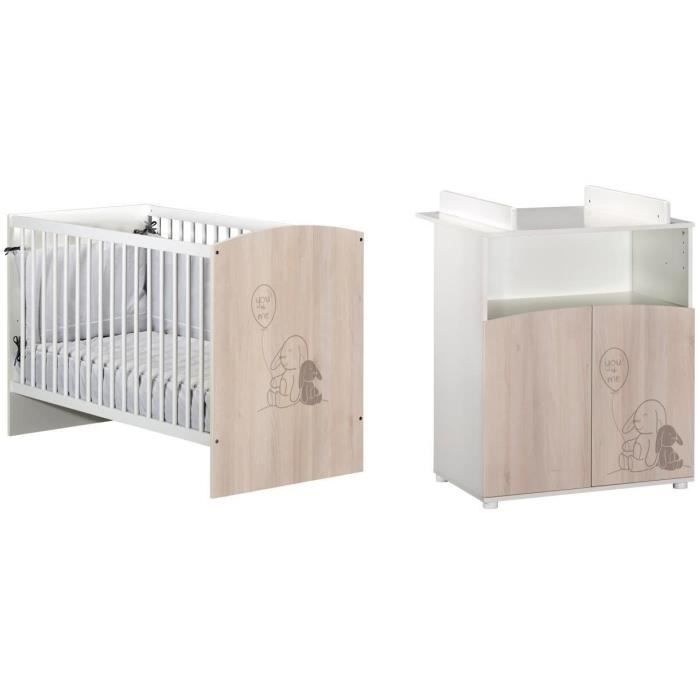 BABYPRICE Lit Bébé Lapinou 120x60 cm 3 positions + Commode à Langer Lapinou 2 portes - 1 Niche