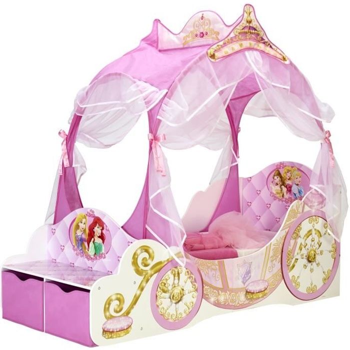 WORLDS APART DISNEY PRINCESSES Lit Enfant Fille - Carosse en bois avec rangements et rideaux - Rose