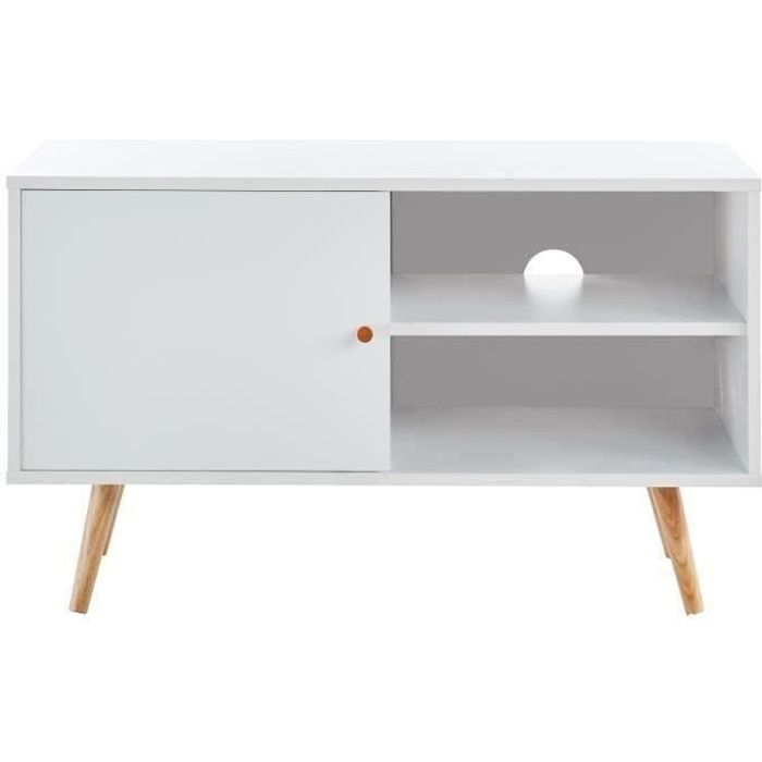 ANNETTE Meuble TV scandinave décor blanc + pieds en bois massif - L 90 cm