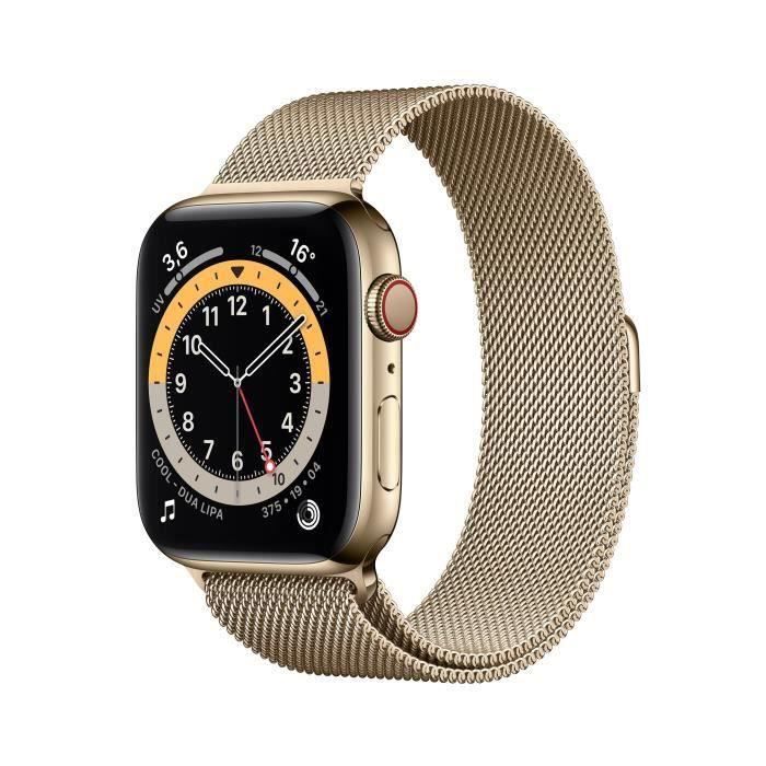Apple Watch Series 6 GPS + Cellular, 44mm Boîtier en Acier Inoxidable Or avec Bracelet Milanais Or