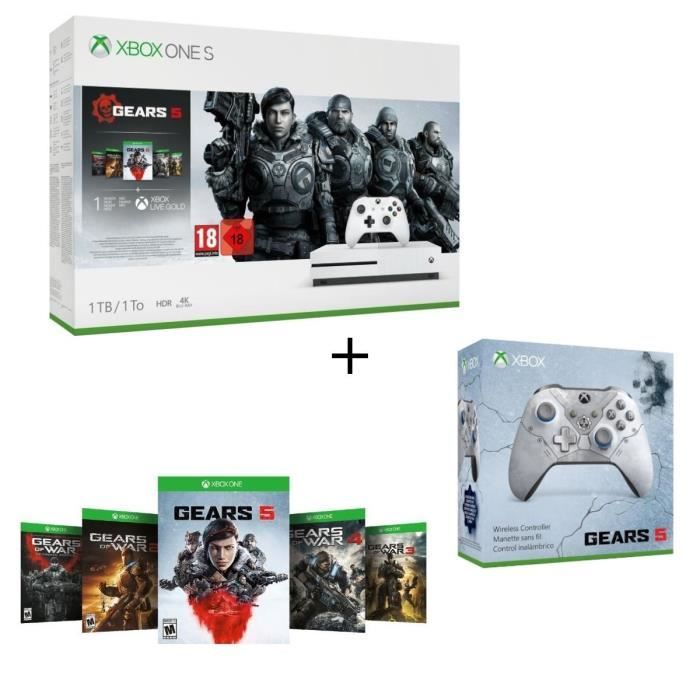 Xbox One S 1 To + 5 jeux Gears of War + 1 mois d'essai au Xbox Live Gold et Game Pass + Manette Xbox Spéciale Gears 5