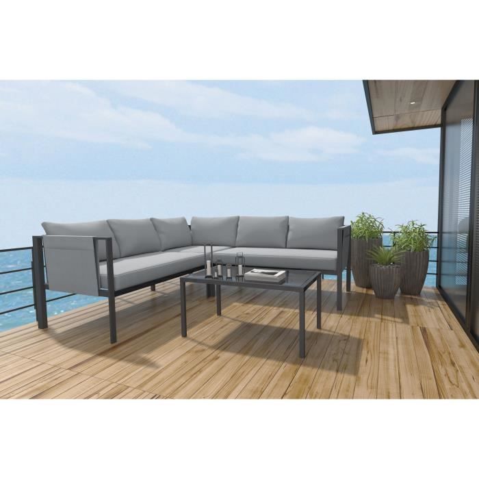 Set bas d'angle 4 pièces avec coussins - 2 sofas + 1 fauteuil d'angle + 1 table basse - Gris