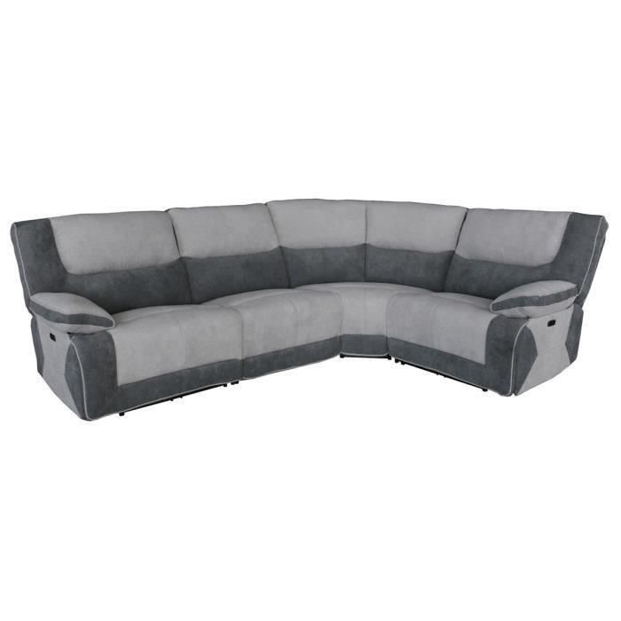 BRISBANE Canapé d'angle droit relax électrique - 4 places - Tissu gris clair et foncé - L 297 x P 217 x H 103 cm - Avec port USB