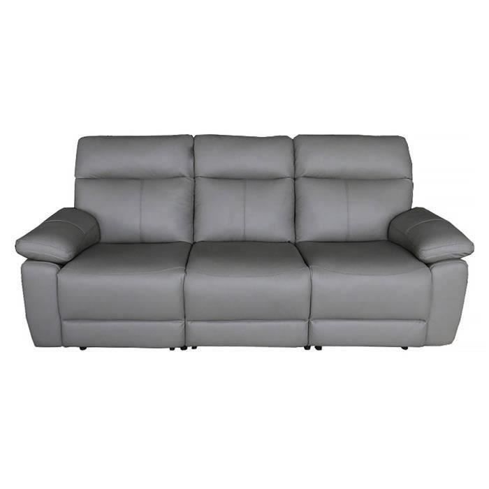 COLLIE Canapé 3 places relax électrique - Cuir gris - L 222 x P 98 x H 103 cm