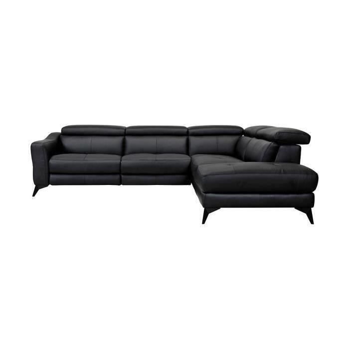 Canapé d'angle droit 1 relax électrique - Cuir de vachette - Noir - L 283 x P 102 x H x 74 cm - KANSAS