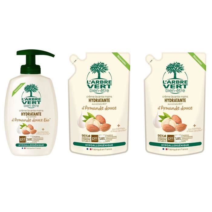 L'ARBRE VERT Crème Lavante Mains Amande douce Bio 300 ml + 2 Recharges 300 ml