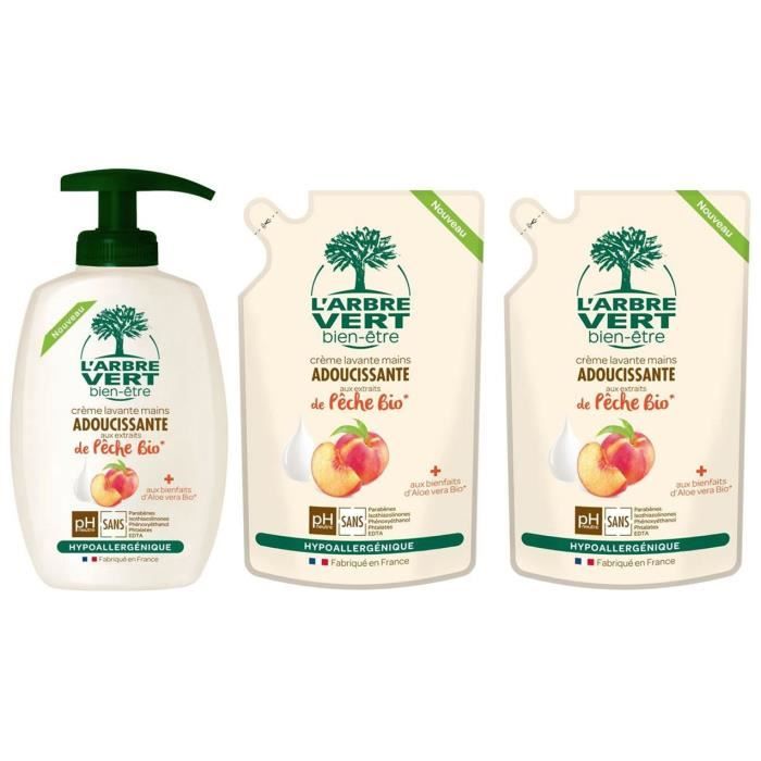 L'ARBRE VERT Crème Lavante Mains Pêche douce Bio 300 ml + 2 Recharges 300 ml