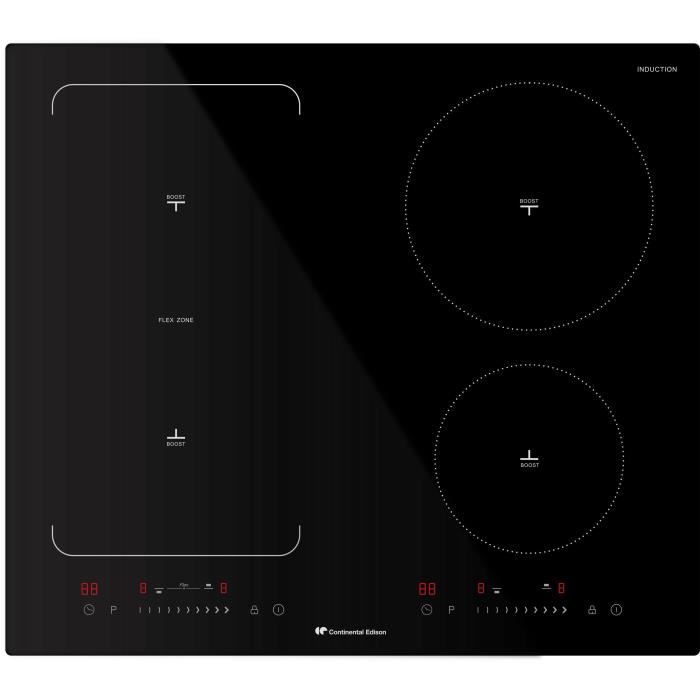 CONTINENTAL EDISON Table de cuisson induction 4 zones dont une zone modulable - 7200W - 4 boosters - 4 minuteurs - NOIR
