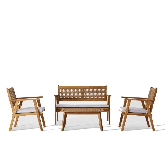 Salon de jardin bois d'Acacia FSC avec cannage imitation rotin en résine tressée - 4 personnes - LIANZA - Marron