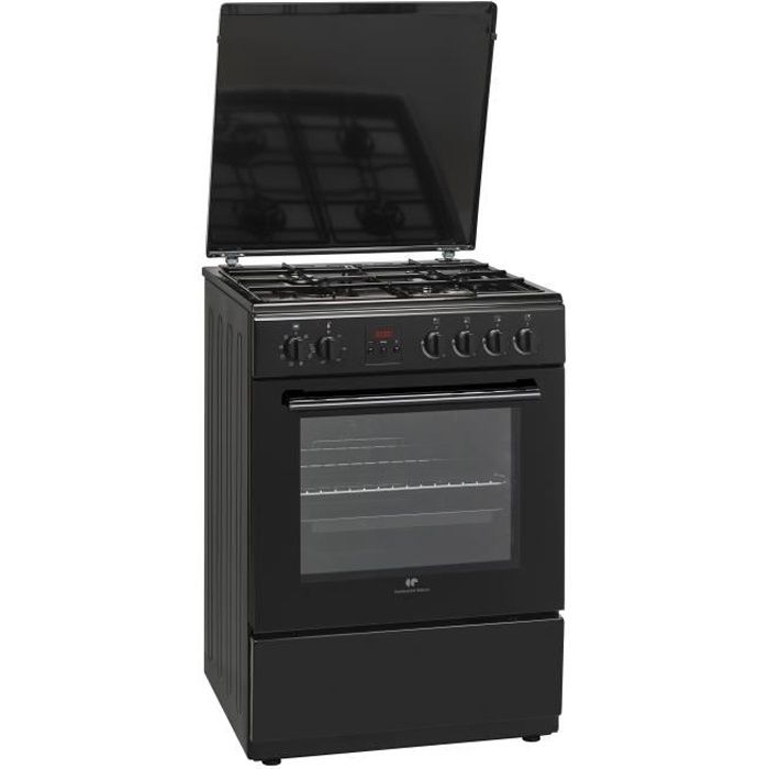 CONTINENTAL EDISON - CECG6065FCB Cuisinière table gaz-4 foyers-Four électrique chaleur brassée-Catalyse-65 L-L 60 x H 85 cm-Noir