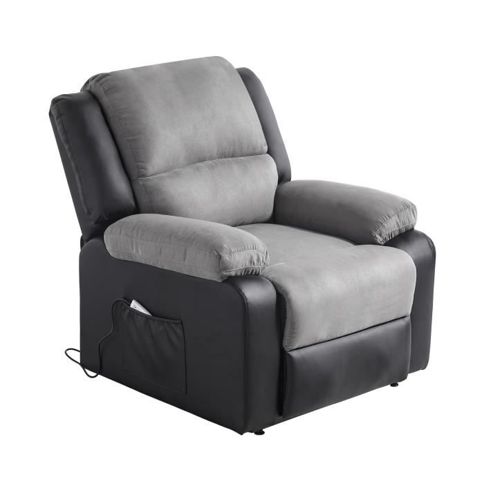 Fauteuil releveur de relaxation RELAX - Simili noir et tissu gris - Massant chauffant - Moteur électrique et lift releveur
