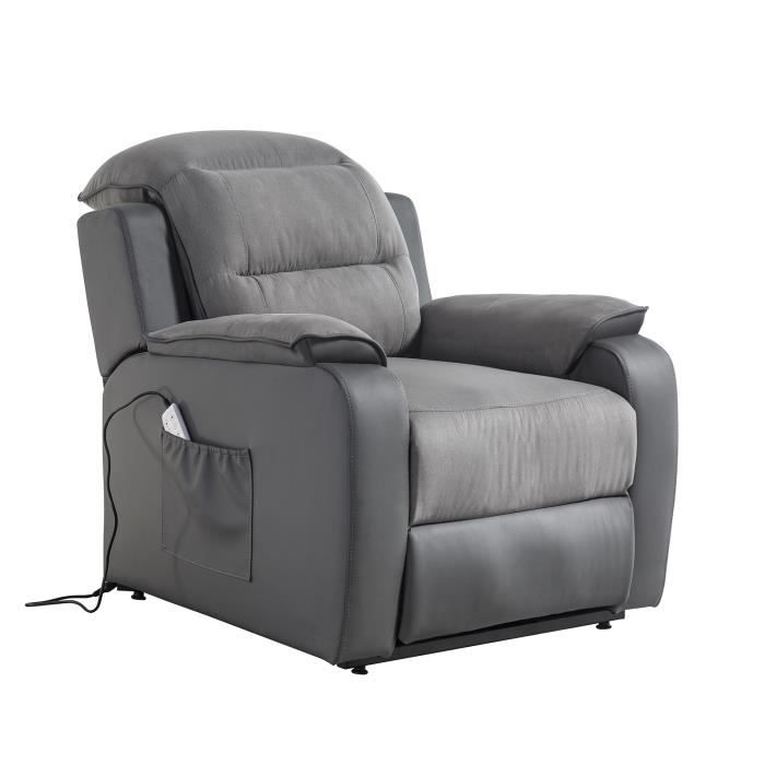 Fauteuil releveur de relaxation CALM - Simili gris et tissu gris - Massant chauffant - Moteur électrique et lift releveur