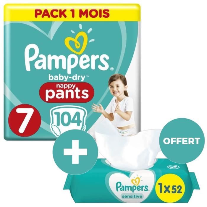 PAMPERS 104 couches Baby-Dry Pants Pack 1 Mois Taille 7 17+kg + SENSITIVE 52 lingettes bébé OFFERTES