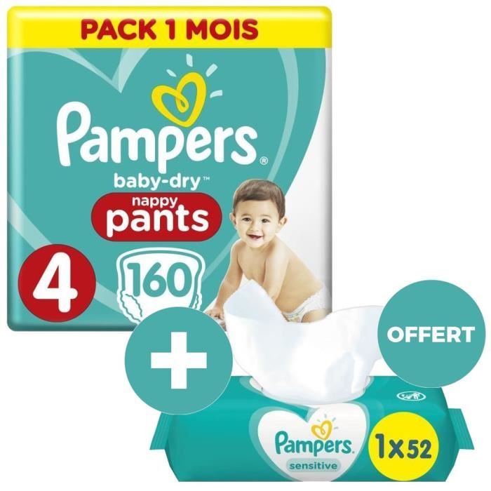 PAMPERS 160 couches Baby-Dry Pants Taille 4 9-15kg Pack 1 Mois + SENSITIVE 52 lingettes bébé OFFERTES