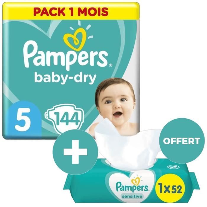 PAMPERS 144 couches Baby-Dry Taille 5 11 à 16kg Pack 1 mois + SENSITIVE 52 lingettes bébé OFFERTES