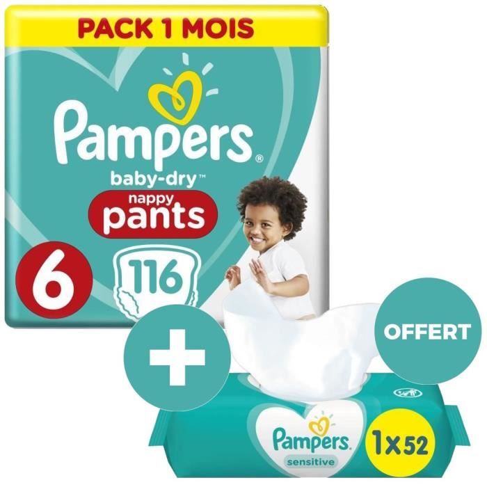 PAMPERS 116 couches Baby-Dry Pants Taille 6 15kg+ Pack 1 Mois + SENSITIVE 52 lingettes bébé OFFERTES