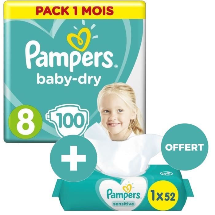 PAMPERS 100 couches Baby-Dry Taille 8 Pack 1 mois + SENSITIVE 52 lingettes bébé OFFERTES