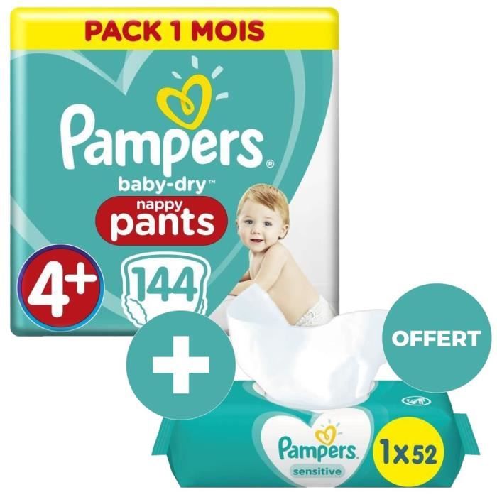 PAMPERS 144 couches Baby-Dry PANTS Taille 4+ Pack 1 mois + SENSITIVE 52 lingettes bébé OFFERTES