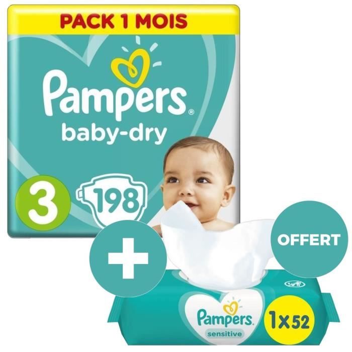 PAMPERS 198 couches Baby Dry Taille 3 5 à 9kg Pack 1 mois + SENSITIVE 52 lingettes bébé OFFERTES