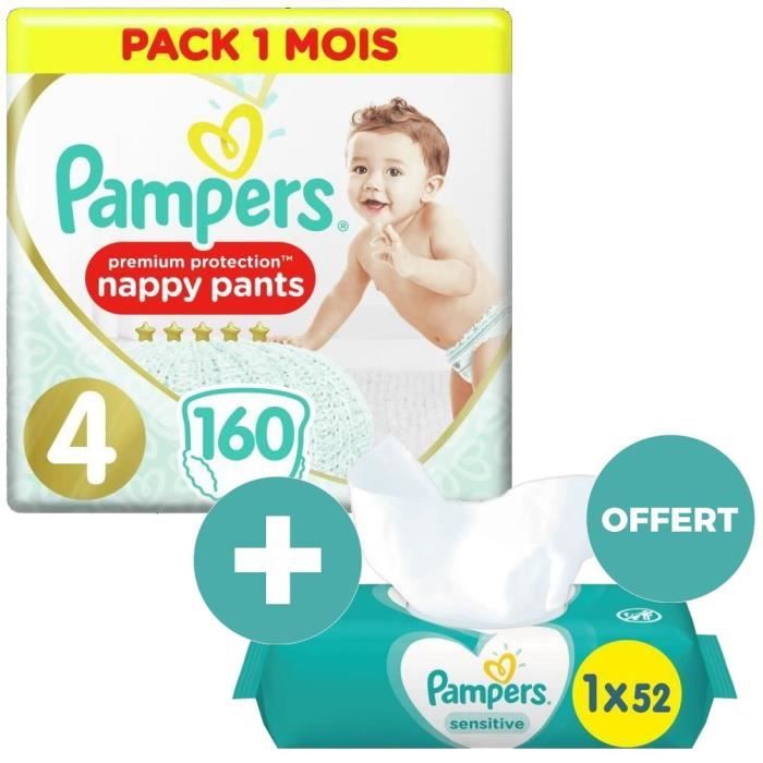 PAMPERS 160 couches Premium Protection Pants T4 Pack 1 Mois + SENSITIVE 52 lingettes bébé OFFERTES