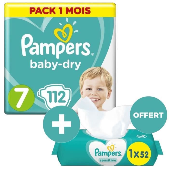 PAMPERS 112 couches Baby-Dry Taille 7 Pack 1 Mois + SENSITIVE 52 lingettes bébé OFFERTES