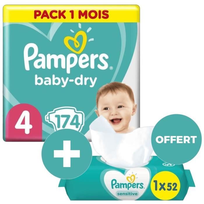 PAMPERS 174 couches Baby-Dry Taille 4 9-14 kg Pack 1 Mois + SENSITIVE 52 lingettes bébé OFFERTES