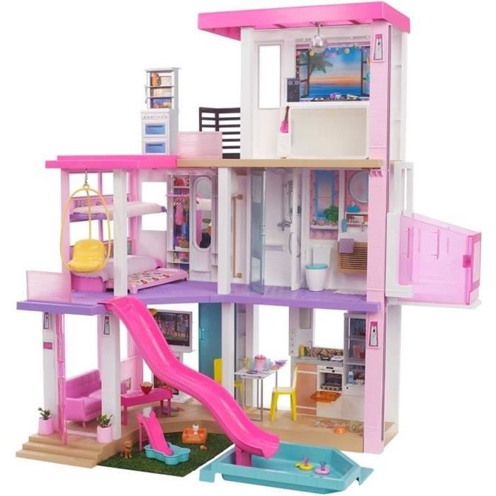 Barbie - Coffret maison de rêve Barbie, 3 niveaux, lumières et sons et + de 75 accessoires - Accessoire Poupée Mannequin - Dès 3 ans