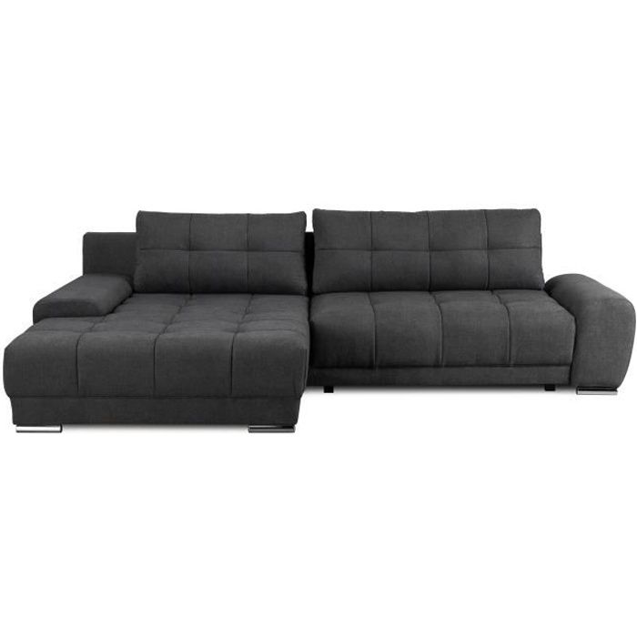 Canapé d'angle gauche 4 places convertible + coffre et coussin déco - Tissu gris anthracite - L281 x P 189 cm - WAVE