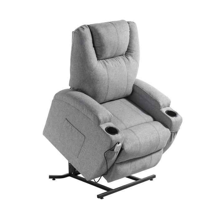 Fauteuil releveur de relaxation CINEA - Tissu gris chiné - Massant chauffant - Moteur électrique et lift releveur