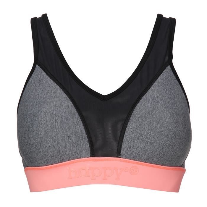 HAPPY & SO Brassière Tech Paddée - Femme - Gris Chiné et Corail fluo