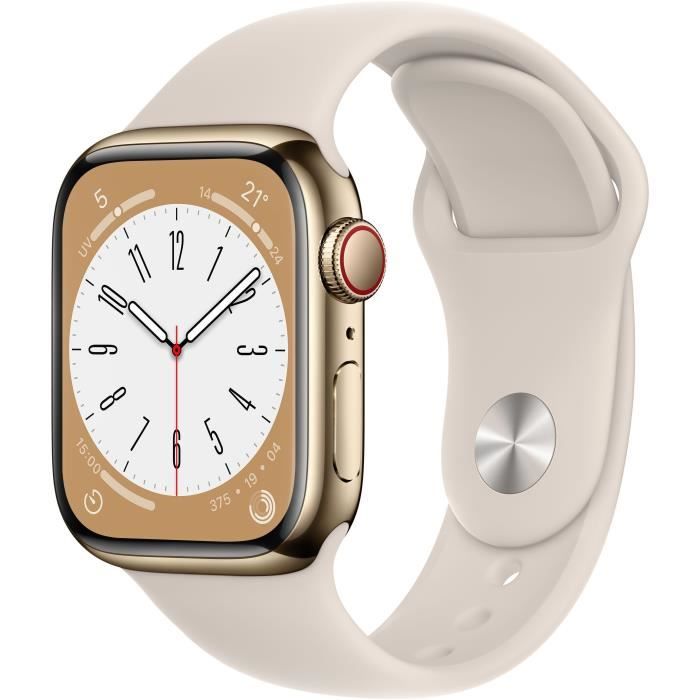 Apple Watch Series 8 GPS + Cellular - 41mm - Boîtier Gold Stainless Steel - Bracelet Starlight Sport Band - Regular
