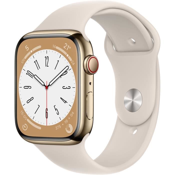Apple Watch Series 8 GPS + Cellular - 45mm - Boîtier Gold Stainless Steel - Bracelet Starlight Sport Band - Regular