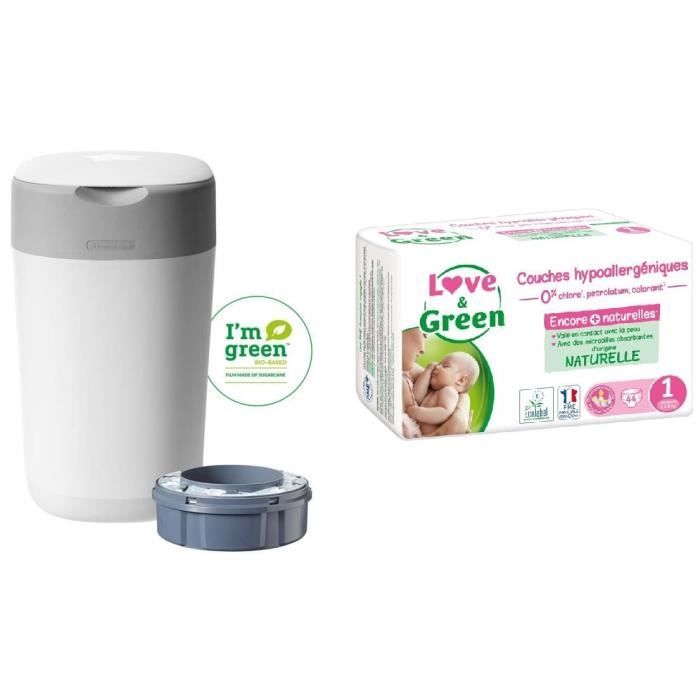 TOMMEE TIPPEE, LOVE & GREEN Lot poubelle à couches twist & click + Couches Taille Naissance - T1 x 44 (2-5 kg)