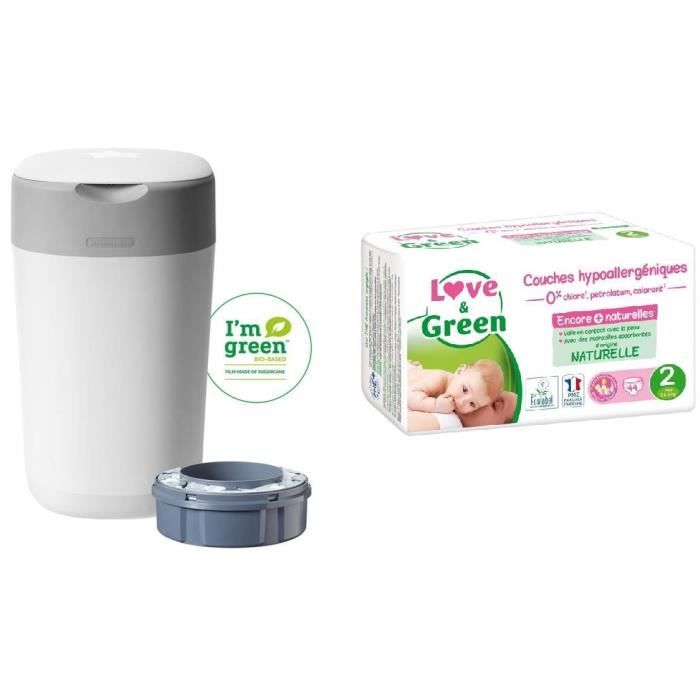 TOMMEE TIPPEE, LOVE & GREEN Lot poubelle à couches twist & click + Couches Taille 2 - T2 x 44 (3-6 kg)