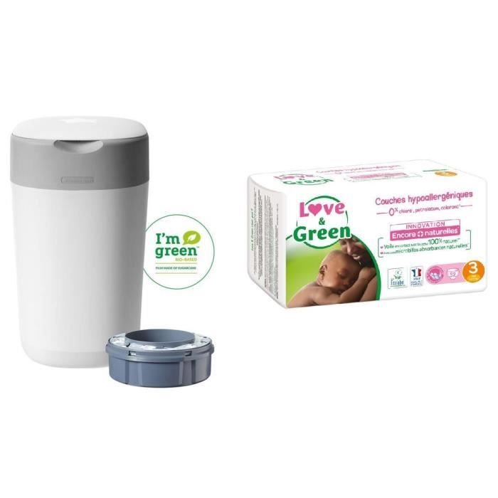 TOMMEE TIPPEE, LOVE & GREEN Lot poubelle à couches twist & click + Couches Taille 3 x52 (4-9 kg)
