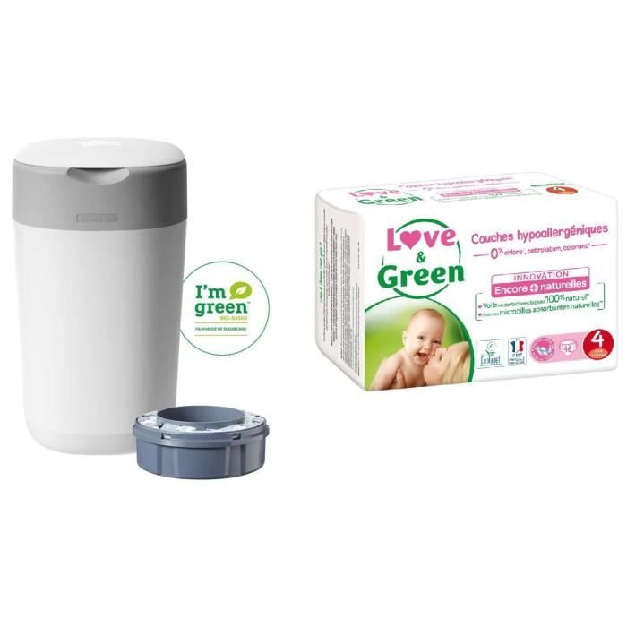 TOMMEE TIPPEE, LOVE & GREEN Lot poubelle à couches twist & click + Couches Taille 4 x46 (7-14 kg)