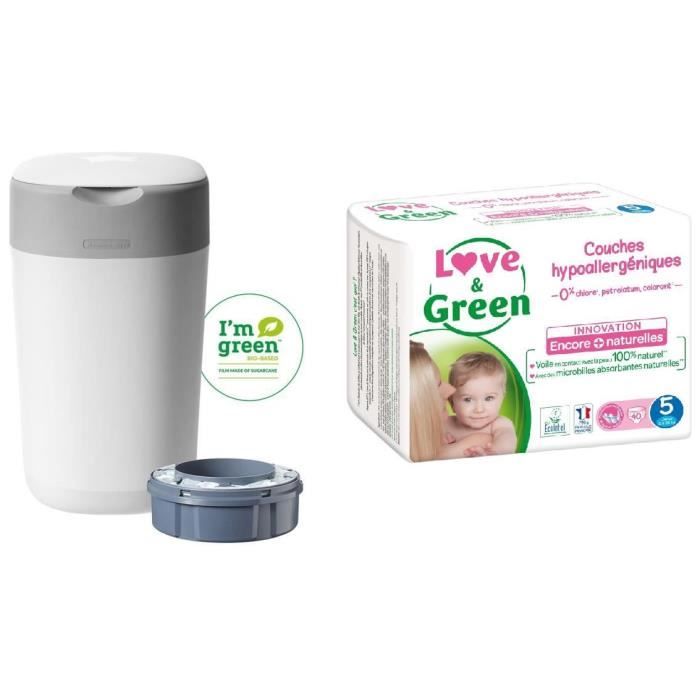 TOMMEE TIPPEE, LOVE & GREEN Lot poubelle à couches twist & click + Couches Taille 5 x40 (12-25 kg)