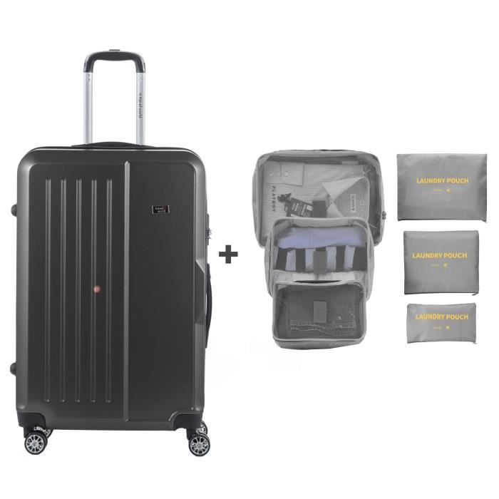 TRAVEL WORLD Valise grande taille 75cm + 6 organisateurs de voyage - Couleur Dark grey