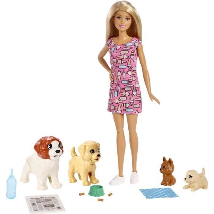 BARBIE Barbie blonde et ses 4 chiens - 2 chiens à fonction et accessoires
