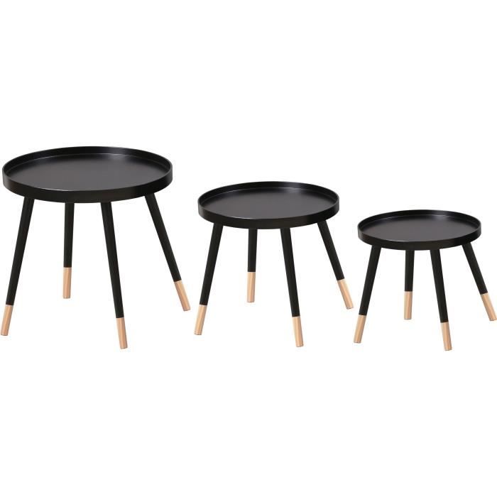 FINLANDEK Lot de 3 tables gigognes rondes SVEN scandinave - Plateau noir + pieds pin massif bicolore - Ø 46, 40 et 35 cm