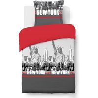 VISION Parure de couette New York - 100% coton - 1 housse de couette 140 x 200 cm + 1 taie d'oreiller 65 x 65 cm - Rouge et gris