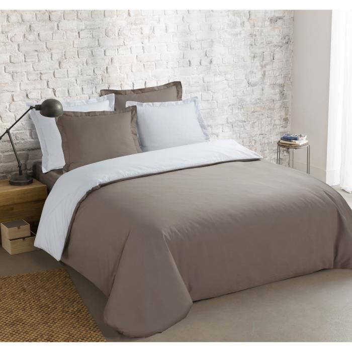 VISION Parure de couette 100% coton - 1 housse de couette 200 x 200 cm + 2 taies d'oreiller 65 x 65 cm - Gris taupe et blanc