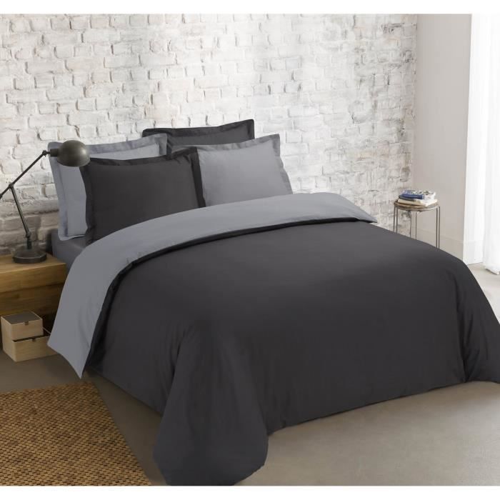 VISION Parure de couette bicolore 100% coton - 1 housse de couette 220x240cm + 2 taies d'oreiller 65x65cm - Gris foncé / Gris clair