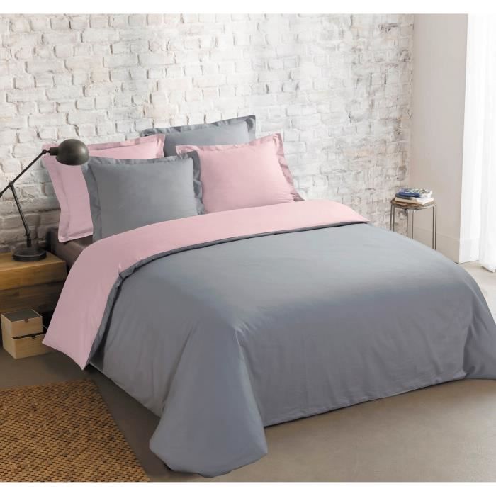 VISION Parure de couette bicolore 100% coton - 1 housse de couette 220 x 240 cm + 2 taies 65 x 65 cm - Gris et rose