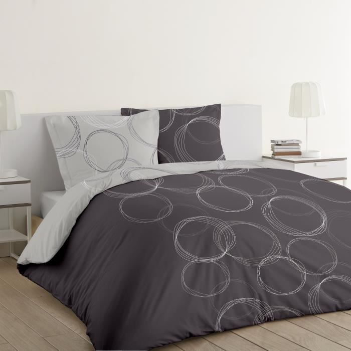 VISION Parure de couette Lenny - 100% coton - 1 housse de couette 260 x 240 cm + 2 taies 65 x 65 cm - Gris