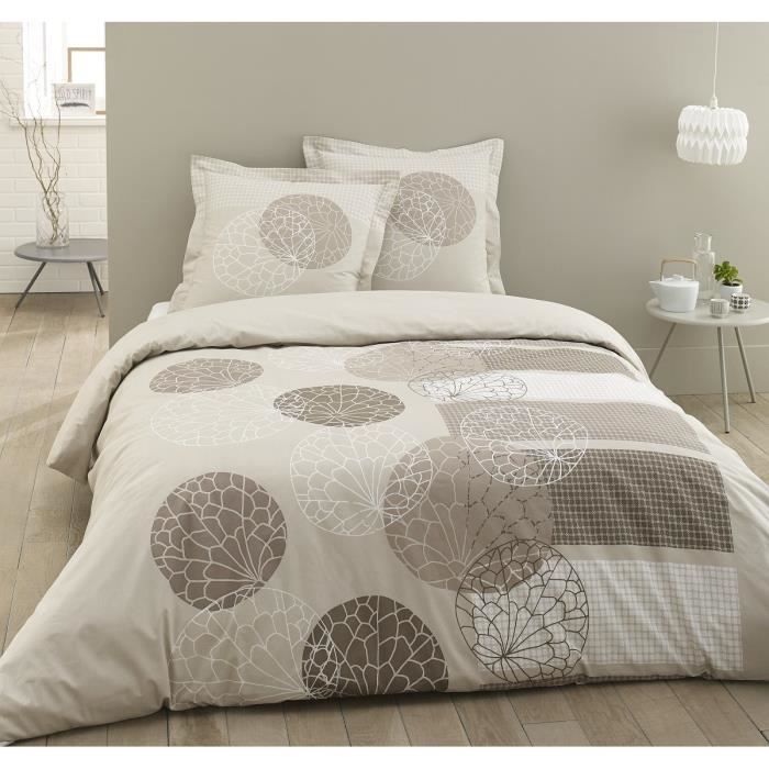 VISION Parure de couette Adèle - 100% coton - 1 housse de couette 240 x 260 cm + 2 taies d'oreiller 65 x 65 cm à volant plat - Beige