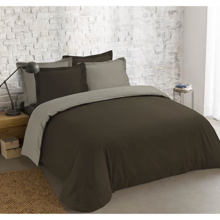 VISION Parure de couette bicolore 100% coton - 1 housse de couette 240 x 260 cm + 2 taies 65 x 65 cm - Marron et gris taupe