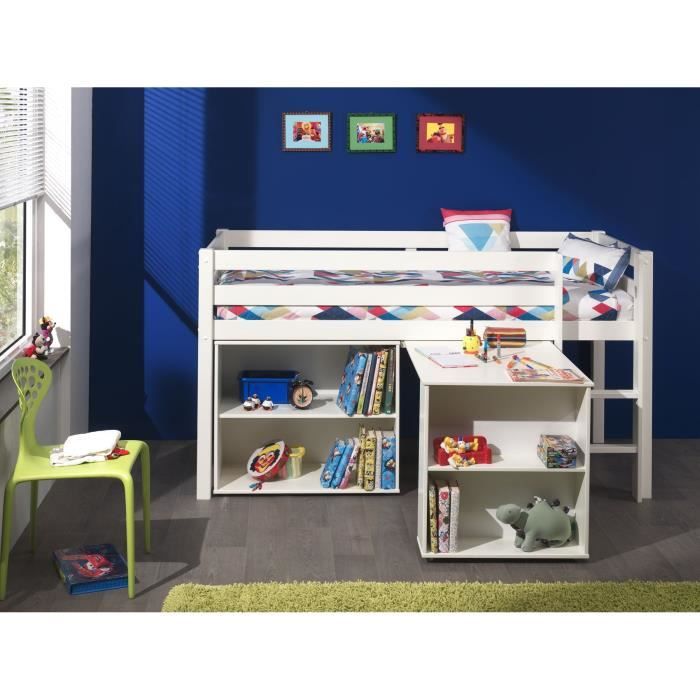 PINO Lit mezzanine + bureau + bibliothèque blanc