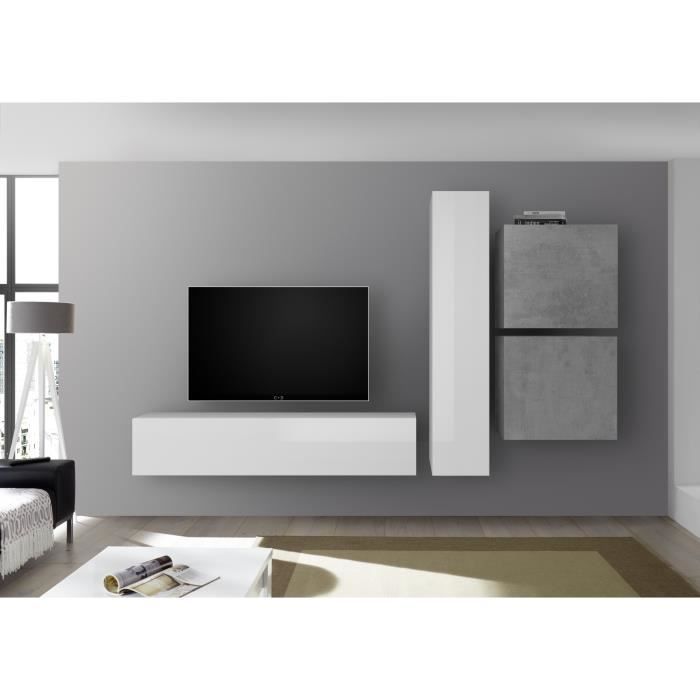 Meuble TV Mural - Ciment et Blanc Laqué - L 260 x P 30 x H 180 cm - CESENA